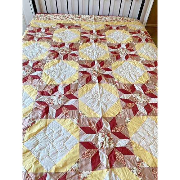 Vintage Bedspread Coverlet Quilt Yellow White Pink Red Floral Queen 100"x92" - Picture 2 of 11